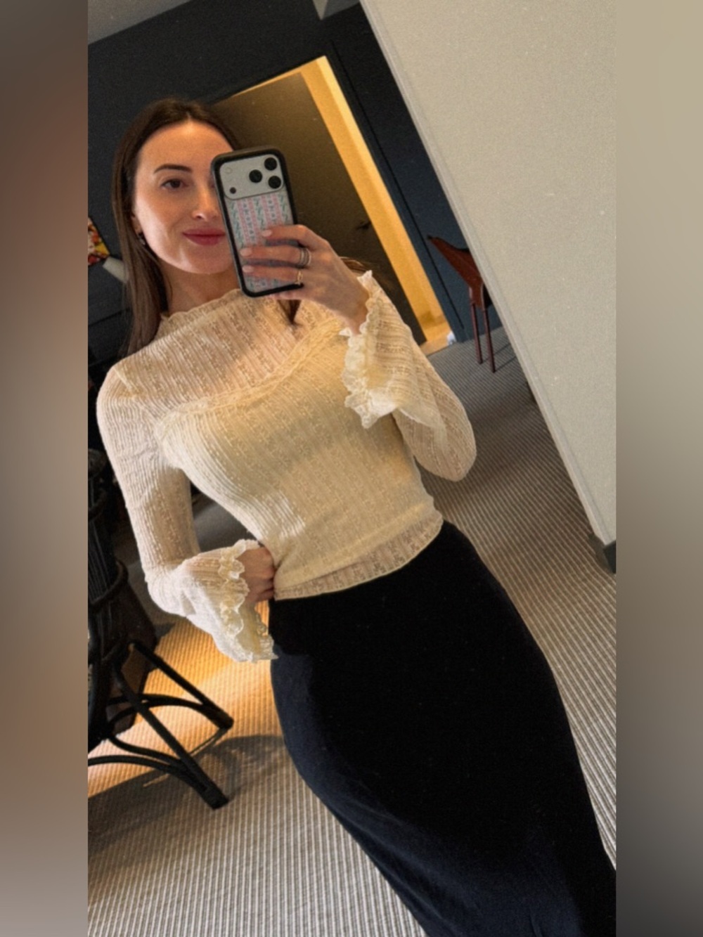 Lace Long-Sleeve Mock Neck Cream Top